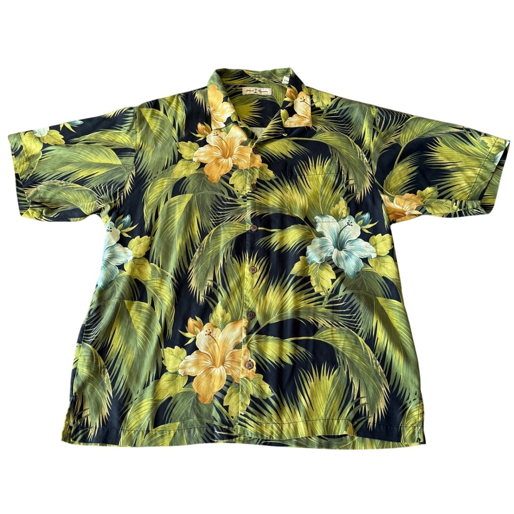 Tommy Bahama Rum Mens XL Silk Camp Shirt Tropical Floral Palm Black 64-T31672